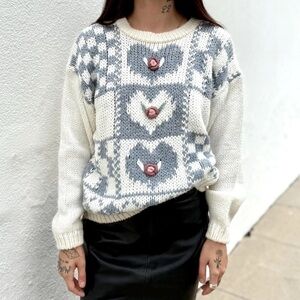 Vintage Heart Print Sweater Large Knit by Hand Shenanigans White Gray Blue